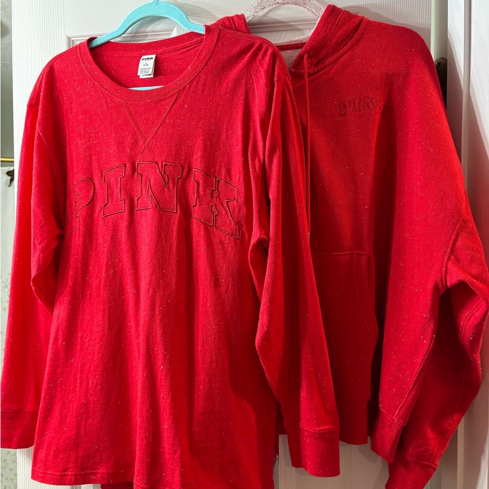 PINK Victoria's Secret Red wit silver specks long sleeve tee & Hoodie Set bundle